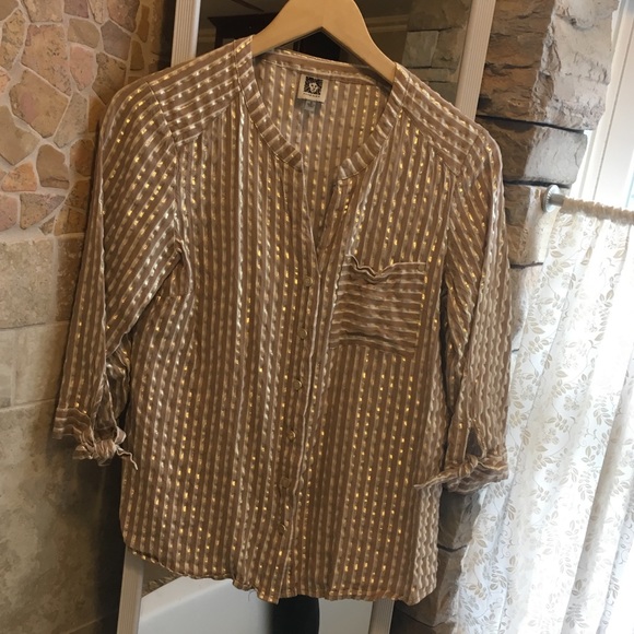 💛Anne Klein Blouse. Gold & Tan Sz M - Picture 1 of 3